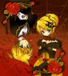  aku_no_musume_(vocaloid) alternate_hairstyle blonde_hair clock dress elbow_gloves flower formal gloves green_eyes kagamine_len kagamine_rin rose siblings spider_web tickled_pink twins vocaloid web 