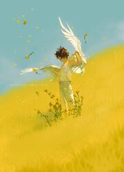  1boy blue_sky brown_hair day feathered_wings field flower highres male_focus original outdoors pants rido_(ridograph) shirt short_hair sky solo standing tank_top white_pants white_shirt white_tank_top white_wings wings yellow_flower 