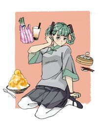  1girl aqua_eyes aqua_hair bag bamboo_steamer baozi black_footwear black_skirt blush_stickers border bowl braid bubble_tea chinese_clothes chopstick_rest chopsticks closed_mouth commentary cup disposable_cup dot_mouth food grey_shirt hair_ornament hatsune_miku highres kinono looking_at_viewer miniskirt orange_background pantyhose pleated_skirt seiza shaved_ice shirt shopping_bag short_hair sitting skirt solo spoon spring_onion taiwan tucking_hair twin_braids vocaloid white_border white_pantyhose 