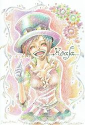  1girl ^_^ ayanonka blush character_name closed_eyes colored_pencil_(medium) commentary_request cowboy_shot frilled_shirt frills gloves goggles goggles_on_headwear hat highres koala_(one_piece) one_piece open_mouth pink_shirt shirt short_hair skirt smile solo top_hat traditional_media 