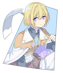  1boy black_shirt blonde_hair cape closed_mouth hair_between_eyes hoe holding_hoe lest_(rune_factory) long_sleeves looking_at_viewer male_focus mini_mamu rune_factory rune_factory_4 shirt short_hair sitting smile solo violet_eyes 