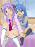  ahoge blue_eyes blue_hair breast_grab breasts feet green_eyes heart hiiragi_kagami hirondo izumi_konata kneehighs long_hair lucky_star mole multiple_girls necktie poorly_drawn purple_hair ribbon ribbons shorts socks tickling tsurime twintails wink yuri 