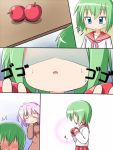  apples blue_eyes comic flat_chest food fruit green_hair iwasaki_minami koruku lucky_star school_uniform serafuku silent_comic takara_yukari 