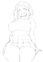  1girl belly boku_no_hero_academia breasts curvy eyebrows eyelashes fat_rolls highres huge_breasts lineart looking_at_viewer monochrome navel open_mouth parallaxfused plump short_hair sidelocks simple_background skirt smile solo solo_focus tank_top thick_eyebrows thick_thighs thighs uraraka_ochako white_background 