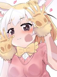  1girl against_glass animal_ears blonde_hair blush bow bowtie brown_eyes fennec_(kemono_friends) fox_ears fox_girl fur_trim gloves hair_between_eyes heart highres kemono_friends multicolored_hair pink_sweater shirt short_sleeves sidelocks solo sweater tenkiamesoda two-tone_hair upper_body white_hair white_shirt yellow_bow yellow_bowtie yellow_fur yellow_gloves 