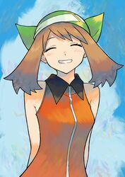  1girl arms_behind_back bandana blush brown_hair closed_eyes clouds collared_shirt day eyelashes facing_viewer green_bandana grin happy highres ittumozzz may_(pokemon) orange_shirt outdoors pokemon pokemon_emerald pokemon_rse shirt sky sleeveless sleeveless_shirt smile solo teeth upper_body 