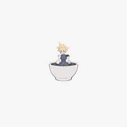  1boy black_gloves blonde_hair blue_eyes chinese_commentary cloud_strife commentary_request cup expressionless final_fantasy final_fantasy_vii full_body gloves grey_background helloo_o in_container in_cup looking_down low_poly male_focus no_mouth short_hair simple_background solo spiky_hair standing 