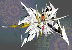  commentary gradient_background green_eyes grey_background gundam gundam_hathaway&#039;s_flash highres holding holding_sword holding_weapon looking_at_viewer mecha mobile_suit no_humans redesign robot shield signature solo sword user_pemg4534 weapon xi_gundam 