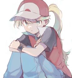  1girl baseball_cap black_sleeves blonde_hair blue_pants cosplay green_eyes hair_between_eyes hat highres hugging_own_legs long_hair pants parted_lips pokemon pokemon_adventures ponytail red_(pokemon) red_(pokemon)_(cosplay) red_hat red_shirt shirt short_sleeves simple_background sitting sketch solo very_long_hair white_background wristband yellow_(pokemon) yui_ko 