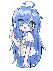  1girl :3 :d ahoge aqua_eyes blue_hair blue_sailor_collar blue_skirt bow bowtie double_horizontal_stripe eyes_visible_through_hair furrowed_brow hair_between_eyes hand_up highres izumi_konata long_hair looking_at_viewer lucky_star miniskirt mole mole_under_eye no_nose pleated_skirt puffy_short_sleeves puffy_sleeves ryouou_school_uniform sailor_collar school_uniform shirt short_sleeves simple_background skirt smile solo very_long_hair white_background white_shirt yellow_bow yellow_bowtie zqk9g 