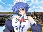  blush brown_eyes detached_sleeves erect_nipples landscape maid red_eyes scenery short_hair source_request 