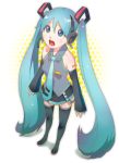  1girl female hair_between_eyes hatsune_miku masyu open_mouth skirt solo thighhighs tie twintails upper_teeth vocaloid 