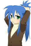  alternate_hairstyle blue_hair green_eyes highres izumi_konata long_hair lucky_star mole mouth_hold ponytail sanchoume 