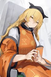  1girl black_hat blonde_hair breasts brown_eyes closed_mouth constellation_print detached_sleeves fingernails green_skirt hair_between_eyes hands_up hat highres long_fingernails long_hair long_sleeves looking_at_viewer matara_okina medium_breasts nail_polish orange_nails orange_sleeves orange_tabard pocche-ex shirt simple_background sitting sitting_on_throne skirt smile solo tabard throne touhou white_background white_shirt wide_sleeves 