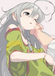 1boy 1girl ? absurdres ahoge blush chartreuse_green_t-shirt commentary_request green_t-shirt grey_eyes grey_hair hand_on_another&#039;s_cheek hand_on_another&#039;s_face highres hoshi_syoko idolmaster idolmaster_cinderella_girls long_hair looking_to_the_side one_eye_closed producer_(idolmaster) shirt solo_focus t-shirt takesoboro upper_body