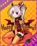  atenna fang grin halloween horns kaida long_hair pink_eyes pointy_ears smile squat squatting thigh-highs thighhighs v white_hair wings 