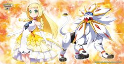  1girl bare_shoulders blonde_hair braid closed_mouth copyright_name dress elbow_gloves eyelashes gloves green_eyes hairband kirisaki_(gin16k) lillie_(anniversary_2024)_(pokemon) lillie_(pokemon) long_hair looking_at_viewer official_alternate_costume official_art pokemon pokemon_(creature) pokemon_masters_ex sleeveless sleeveless_dress smile solgaleo twin_braids white_dress white_gloves white_hairband 