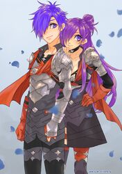  1boy 1girl armor black_choker blue_background breastplate bryminoru cape choker closed_mouth fingerless_gloves fire_emblem fire_emblem:_three_houses fire_emblem_warriors:_three_hopes gauntlets gloves hair_bun hair_over_one_eye long_hair looking_at_viewer one_eye_covered orange_cape pauldrons petals purple_hair red_gloves shez_(female)_(fire_emblem) shez_(fire_emblem) shez_(male)_(fire_emblem) short_hair shoulder_armor simple_background single_fingerless_glove single_hair_bun single_pauldron smile violet_eyes 