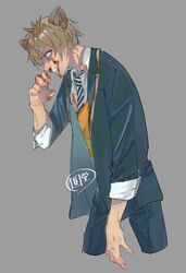  1boy blonde_hair blood blood_on_clothes blood_on_face blood_on_hands blue_eyes commentary_request cowboy_shot cropped_legs ebako_m grey_background grin highres hyena_boy hyena_ears looking_to_the_side male_focus night_raven_college_uniform ruggie_bucchi school_uniform short_hair simple_background smile solo twisted_wonderland 