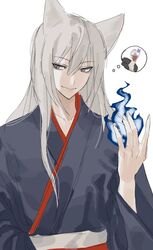  1boy absurdres animal_ears bird blue_fire blue_kimono fingernails fire fox_ears grey_hair highres japanese_clothes kamisama_hajimemashita kimono long_hair looking_at_viewer male_focus ostrich pyrokinesis sharp_fingernails simple_background smile solo tomoe_(kamisama_hajimemashita) upper_body user_mzeg3542 violet_eyes white_background 