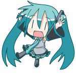  1girl aqua_hair arms_up blush boots chibi chibi_miku detached_sleeves hatsune_miku long_hair minami_(colorful_palette) necktie open_mouth outstretched_arms skirt solo thighhighs twintails very_long_hair vocaloid |_| 