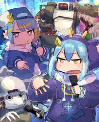  2girls 4others alternate_costume baseball_cap blue_hair blue_hoodie character_request dragon_horns duel_monster hat hatano_kiyoshi highres holding holding_microphone hood hoodie horns jewelry laundry_dragonmaid lil-la-rap lil-la_(yu-gi-oh!) live_twin_lil-la microphone multiple_girls multiple_others rapping scrap_goblin scrap_golem violet_eyes yu-gi-oh! 