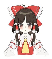  1girl ahoge ascot bare_shoulders blush bow brown_eyes brown_hair closed_mouth collared_shirt detached_sleeves frilled_bow frilled_hair_tubes frilled_shirt_collar frills hair_bow hair_ornament hair_tubes hakurei_reimu jill_07km large_bow long_sleeves parted_bangs red_bow red_shirt shirt short_hair sidelocks simple_background sleeveless sleeveless_shirt solo touhou upper_body white_background wide_sleeves yellow_ascot 