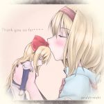 1girl alice_margatroid aosiro-michi apron artist_name blonde_hair blush bow capelet closed_eyes commentary_request dated english eyelashes forehead_kiss hair_bow headband kiss letterboxed long_hair long_sleeves profile shanghai_doll short_hair solo touhou waist_apron 
