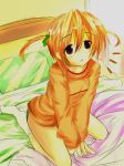  bed blush green_panties kneeling mahou_shoujo_lyrical_nanoha orange_hair panties purple_eyes short_hair short_twintails socks solo surprised takamachi_nanoha twintails underwear 