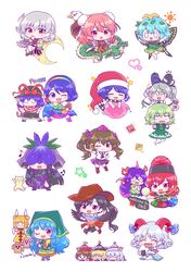  6+girls bird black_hair blue_hair brown_hair butterfly_wings chibi commentary_request cowboy_hat crescent doremy_sweet dragon dress eagle eating eternity_larva feathered_wings haniyasushin_keiki hat hecatia_lapislazuli highres himekaidou_hatate holding holding_phone horse_girl horse_tail ibaraki_kasen insect_wings joutouguu_mayumi kaoling kishin_sagume kurokoma_saki looking_at_viewer lunasa_prismriver lyrica_prismriver merlin_prismriver mononobe_no_futo multicolored_clothes multiple_drawing_challenge multiple_girls nagae_iku phone purple_dress red_eyes redhead shirt single_wing smile soga_no_tojiko tail tenkajin_chiyari tenkyuu_chimata tokin_hat touhou twintails white_background white_shirt wings yomotsu_hisami 