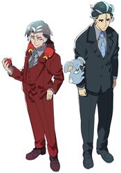  2boys animal_nose black_eyebrows black_footwear black_hair black_pants black_suit blue_necktie bug closed_mouth clouds collared_shirt grey_eyebrows grey_hair grey_necktie grey_shirt hand_in_pocket holding holding_poke_ball kabu_(pokemon) koala komala larry_(pokemon) male_focus millipede multiple_boys necktie old old_man oono_imo pants poke_ball pokemon pokemon_(creature) pokemon_sv pokemon_swsh red_footwear red_pants red_suit salaryman shirt short_hair sizzlipede sleeping slouching smile suit thick_eyebrows vest white_background white_streaks yellow_eyes 