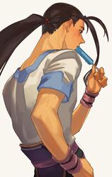  1boy asagi_(banzoku210) black_hair blush brown_eyes fei_fong_wong food from_behind highres holding holding_food holding_popsicle long_hair male_focus ponytail popsicle shirt simple_background solo sweat t-shirt upper_body white_background xenogears 