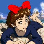  beach blush_stickers bow brown_eyes brown_hair cloud clouds dress feet ghibli hair_bow hairband kawa kiki kiki&#039;s_delivery_service lowres lying majo_no_takkyuubin ocean short_hair sky soles solo studio_ghibli 