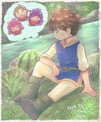  2boys 2girls arm_support bartz_klauser belt black_footwear blue_eyes blue_tunic boots brown_hair closed_mouth collared_shirt commentary_request cropped_torso dated faris_scherwiz final_fantasy final_fantasy_v food fruit full_body galuf_halm_baldesion grass hapiko_(hiyamugi_5555) highres holding_watermelon knee_up lenna_charlotte_tycoon multiple_boys multiple_girls outdoors pants pink_hair purple_hair river shirt short_hair sitting sleeves_rolled_up smile thought_bubble tunic upper_body water watermelon watermelon_slice white_pants white_shirt 