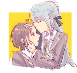  2girls bang_dream! bang_dream!_it&#039;s_mygo!!!!! black_ribbon blue_hair blush chinese_commentary closed_eyes closed_mouth collared_shirt commentary_request duibuqi_wo_shenme_ye_shuo_bu_chukou green_necktie grey_hair grey_jacket hair_ribbon hand_on_another&#039;s_face hand_on_another&#039;s_head haneoka_school_uniform highres jacket kiss kissing_forehead multiple_girls necktie open_mouth red_eyes ribbon school_uniform shirt short_hair takamatsu_tomori togawa_sakiko two-tone_background two_side_up white_background white_shirt yellow_background 