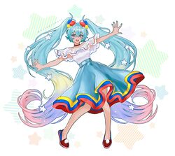  1girl absurdly_long_hair aqua_hair aqua_skirt aris_art_hell bare_shoulders blonde_hair blue_eyes blue_hair full_body gradient_hair hair_between_eyes hair_ornament hatsune_miku highres long_hair multicolored_hair off-shoulder_shirt off_shoulder open_mouth print_skirt redhead shirt shoes skirt sleeveless sleeveless_shirt solo standing star_(symbol) star_hair_ornament venezuela very_long_hair vocaloid white_shirt 