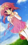  dress grass heart itou_noiji nanatsuiro_drops pink_dress red_eyes red_hair redhead ribbon ribbons sky smile 