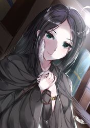  1girl black_hair black_robe book bracelet dian_rubens feathers hands_up highres holding holding_feather indoors jewelry kagemusha_(kvvy5582) long_hair looking_at_viewer own_hands_together robe smile spice_and_wolf upper_body wide_sleeves 