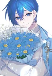  1boy absurdres bibinggwas2 blue_eyes blue_hair blue_jacket bouquet brooch closed_mouth earrings eyelashes hair_between_eyes highres holding holding_bouquet jacket jacket_on_shoulders jewelry kaito_(vocaloid) looking_at_viewer male_focus musical_note short_hair smile upper_body vocaloid white_background 