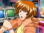  90s arcade arcade_cabinet brown_hair hoodie hoshino_asuka red_eyes sentimental_graffiti short_hair solo watch wristwatch 