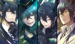  1boy bishounen black_hair commentary_request dragon_boy dragon_horns fangs gloves green_eyes hat horns long_hair male_focus malleus_draconia multiple_views night_raven_college_gym_uniform night_raven_college_uniform pointy_ears school_uniform slit_pupils suzuka_nene twisted_wonderland upper_body 