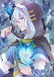  1boy black_cape blue_butterfly blue_eyes blue_shirt bug butterfly cape chain commentary hair_between_eyes hand_up hood hood_up leaf long_sleeves looking_at_viewer male_focus mini_mamu parted_lips profile rune_factory rune_factory_5 ryker_(rune_factory) shirt short_hair short_sleeves smile solo symbol-only_commentary upper_body 