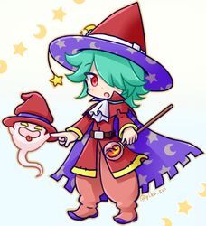  1boy :o albert_(puyopuyo) artist_name ascot belt brown_belt cape coat collared_cape creature deformed dot_nose flipped_hair ghost green_hair hair_over_one_eye hat hat_ornament holding holding_another&#039;s_finger holding_staff looking_ahead male_focus medium_hair mystical_high_collar open_mouth outline pants pink_footwear pink_pants purple_cape purple_hat puyopuyo puyopuyo_quest raised_eyebrows red_coat red_eyes red_hat simple_background solo split_mouth staff star_(symbol) star_hat_ornament takazaki_piko three_quarter_view two-sided_fabric two-sided_headwear white_ascot white_background witch_hat yellow_outline yellow_trim 