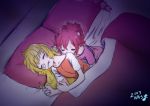  2girls aida_mana bed blanket blonde_hair dokidoki!_precure kamiyama_kenta long_hair messy_hair multiple_girls nose_bubble pillow pink_hair precure regina_(dokidoki!_precure) saliva sharuru_(dokidoki!_precure) sleeping t-shirt 