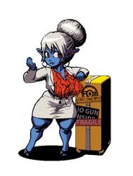  blue_skin collar colored_skin earrings hair_bun highres jewelry league_of_legends office_lady pointy_ears poppy_(league_of_legends) red_eyes shoes shortstack simple_background skirt smile suitcase sunflowerpot white_background wide_hips 