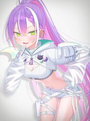  1girl absurdres bandeau bow bowtie braid braided_bangs breasts buckle colored_inner_hair demon_hood demon_tail ear_piercing gloves green_eyes hair_ornament hand_to_own_mouth highres hip_tattoo hololive hooded_shrug leaning_forward long_hair long_sleeves looking_at_viewer multicolored_hair navel navel_piercing open_mouth piercing pink_hair ponytail purple_hair ribbed_bandeau see-through see-through_sleeves shorts smile snap-fit_buckle solo strap strapless streaked_hair tail tokoyami_towa tokoyami_towa_(5th_costume) tube_top two-sided_gloves virtual_youtuber white_bandeau white_bow white_bowtie white_gloves white_hair white_shorts white_shrug white_tail white_tube_top winged_heart_tattoo wings zarame_(v39n_) 