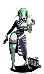  air_bubble bag bubble colored_sclera commentary cup cyberpunk_(series) dress drinking_glass drunk english_commentary feet green_hair hair_ornament hairpin highres holding holding_cup holding_shoes pixel_art rebecca_(cyberpunk) red_sclera revealing_clothes shoes simple_background smile sunflowerpot white_background wide_hips wine_glass 