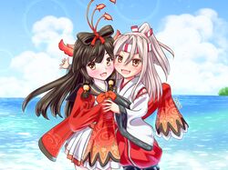 2girls azur_lane black_hair blush clouds headband high_ponytail japanese_clothes kantai_collection keraku long_sleeves looking_at_viewer multiple_girls namesake open_mouth outdoors sleeves_past_fingers sleeves_past_wrists smile striped_headband water white_hair wide_sleeves yellow_eyes zuihou_(azur_lane) zuihou_(kancolle) zuihou_(kantai_collection)