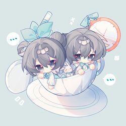  ... 1boy 1girl aqua_bow aqua_bowtie aqua_ribbon black_hair bow bowtie chibi chibi_only chinese_commentary closed_mouth commentary_request cup dual_persona expressionless hair_bow hair_bun highres li_yuting_(female) li_yuting_(male) long_hair long_sleeves luojia671 medium_hair mole mole_under_each_eye mole_under_eye multiple_moles neck_ribbon official_alternate_costume ribbon shirt single_hair_bun single_hair_ring spoken_ellipsis stuffed_animal stuffed_rabbit stuffed_toy teacup touqi_guaitan white_shirt 