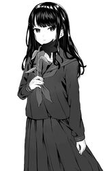  1girl absurdres flower hair_ornament hairclip highres holding holding_flower idolmaster idolmaster_shiny_colors kakeru_(fujiwara_kakeru) kazano_hiori long_hair long_sleeves looking_at_viewer mole mole_under_mouth monochrome neckerchief parted_lips petals pleated_skirt sailor_collar school_uniform serafuku skirt solo white_background 